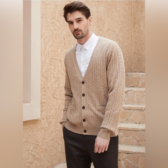 Kallspin Men’s cable knit 45% wool blend sweater Large Coffee tan - Picture 2 of 11